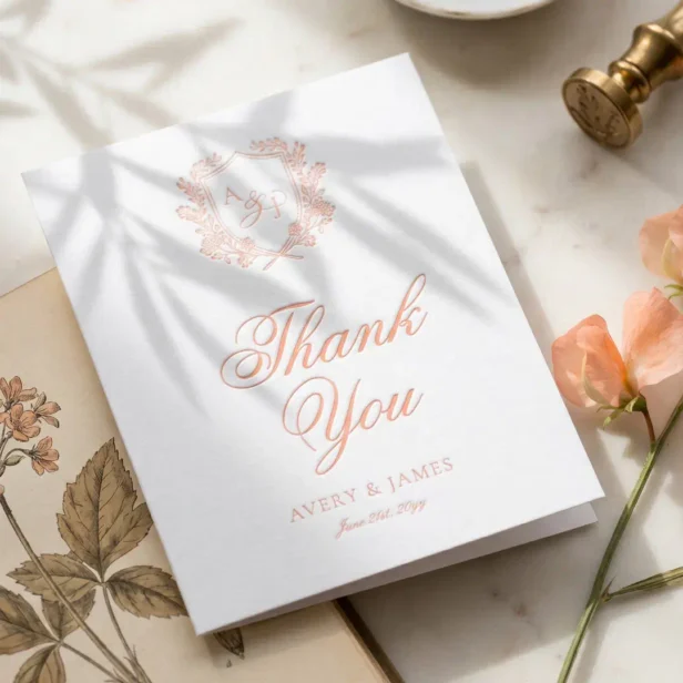 Luxury Vintage Floral Monogram Crest Wedding Letterpress Thank You Card