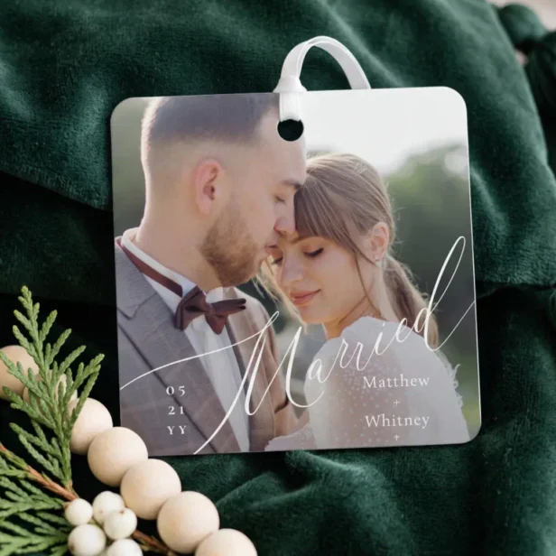 Married Minimal Elegant Script Wedding Photo Metal Ornament
