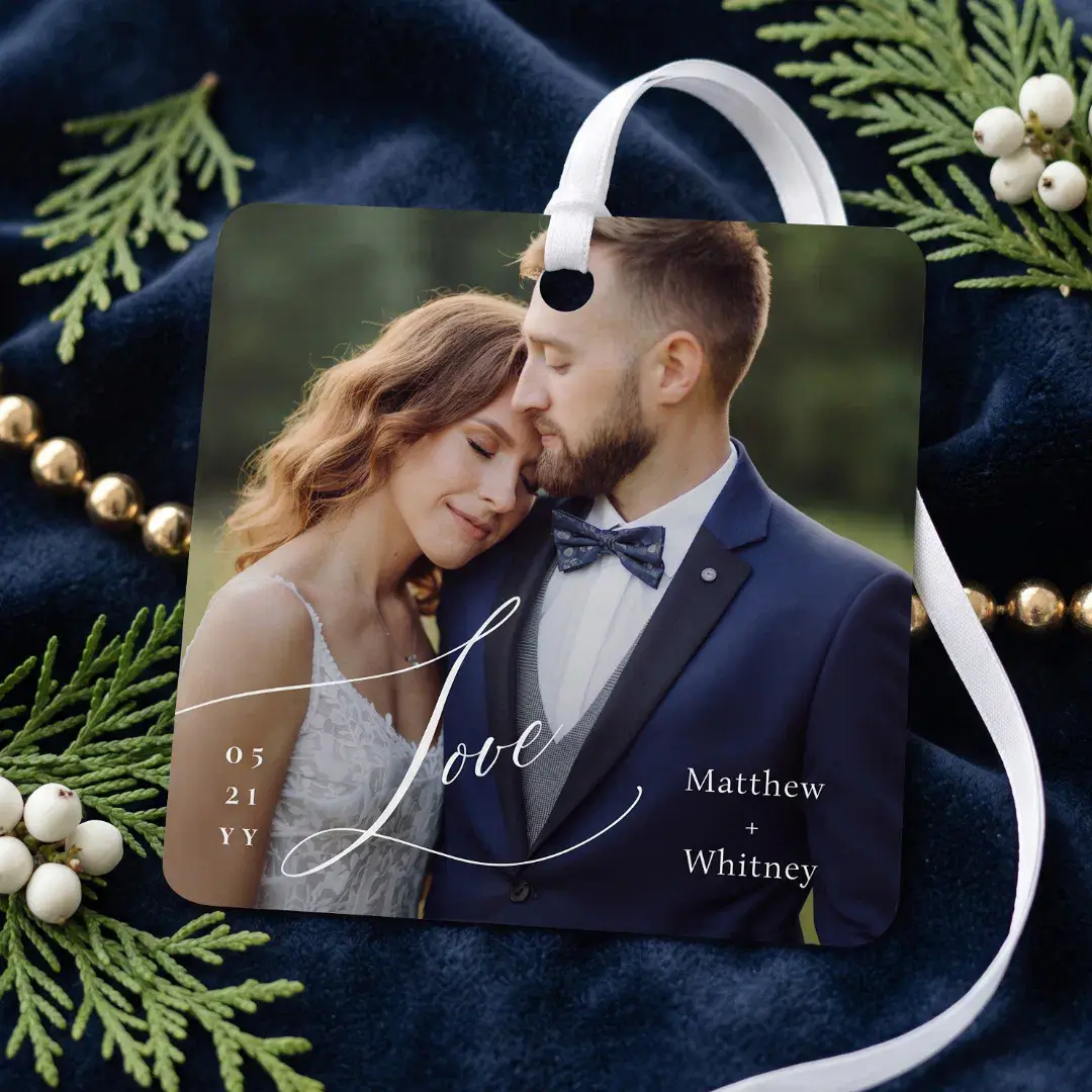 Married Minimal Love Script Wedding Photo Keepsake Metal Ornament