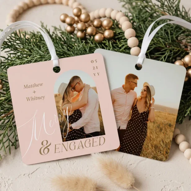 Merry & Engaged Script Modern Engagement Blush Pink Photo Metal Ornament