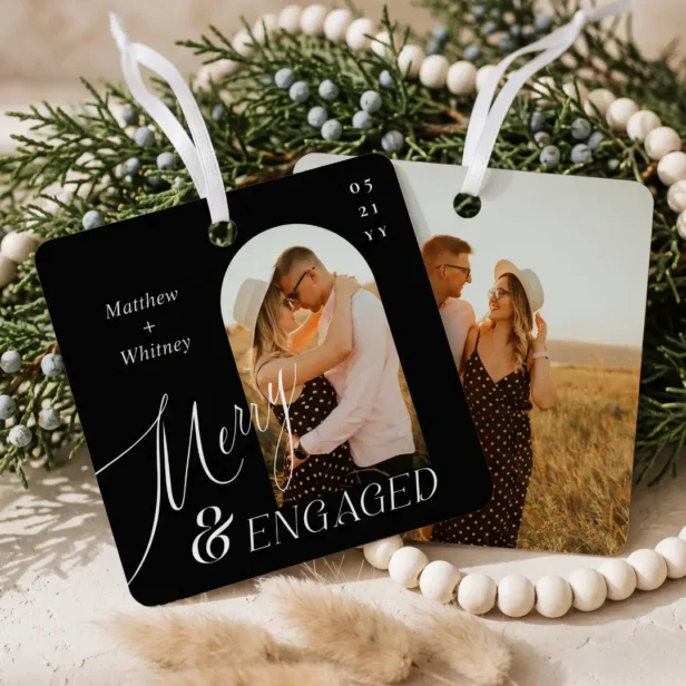 Merry & Engaged Script Modern Engagement Photo Black Metal Ornament