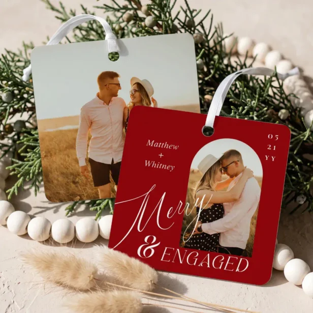 Merry & Engaged Script Modern Engagement Red Photo Metal Ornament