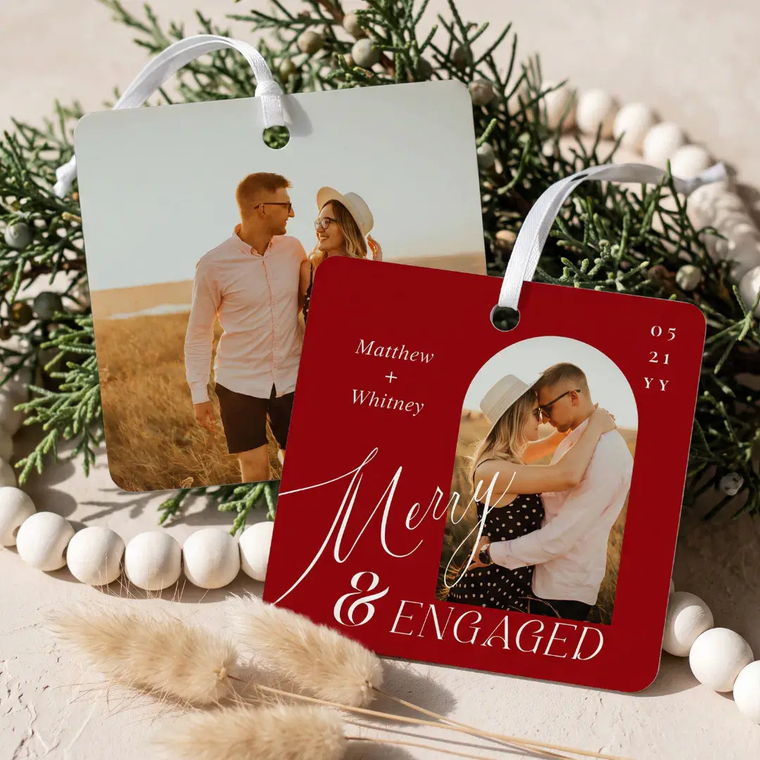 Merry & Engaged Script Modern Engagement Red Photo Metal Ornament