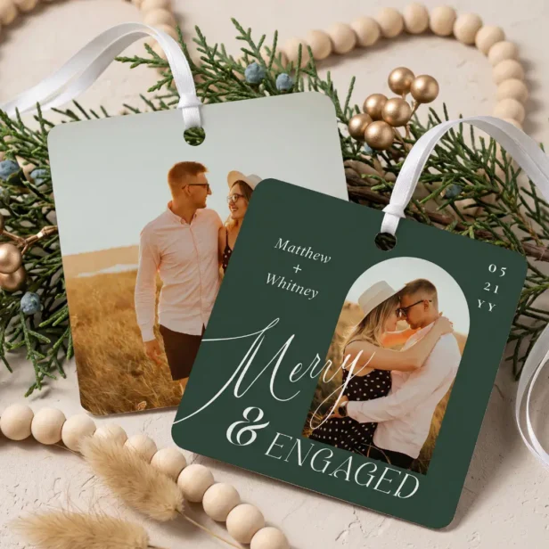 Merry & Engaged Script Modern Engagement Green Photo Metal Ornament