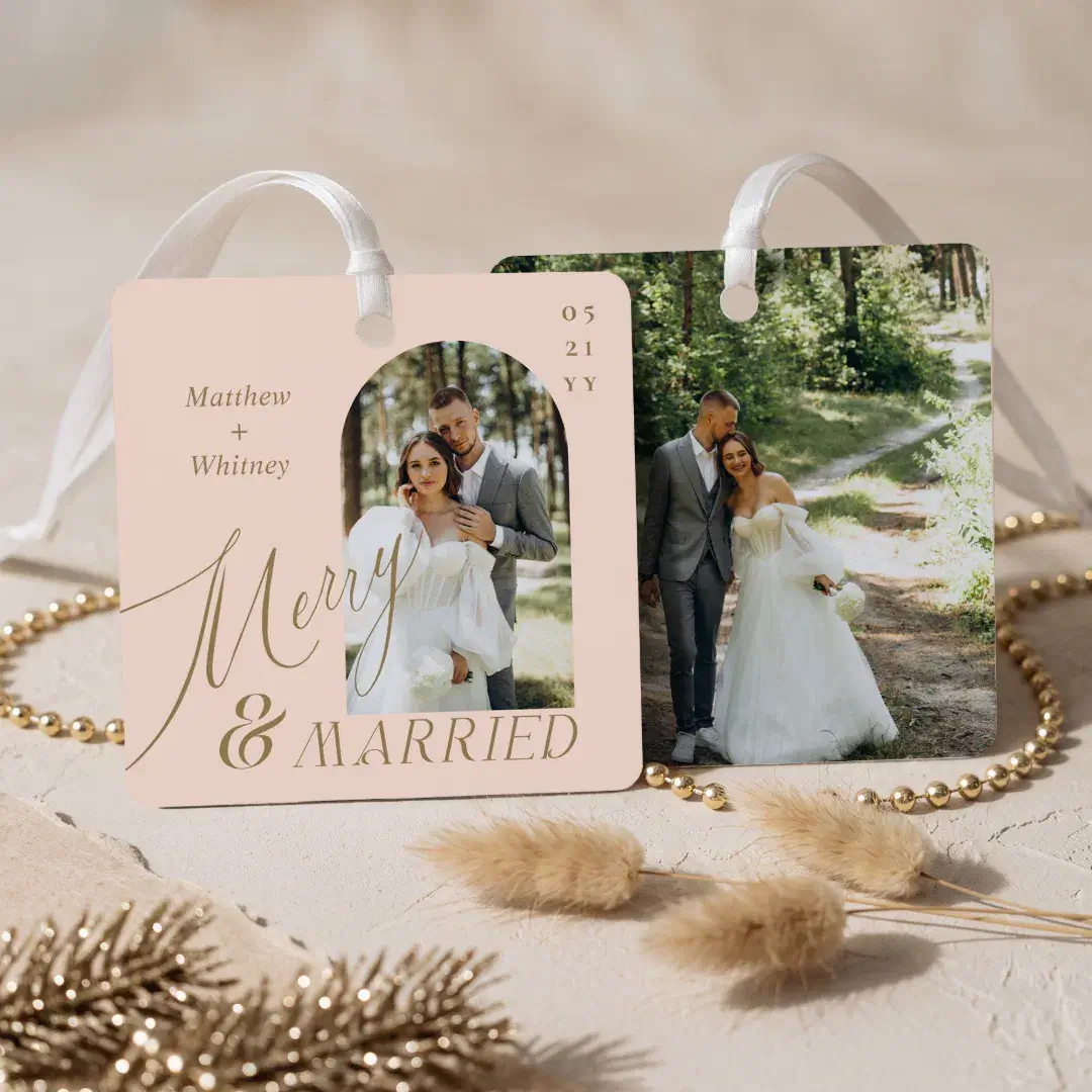 Merry & Married Script Modern Engagement Photo Blush Pink Metal Ornament