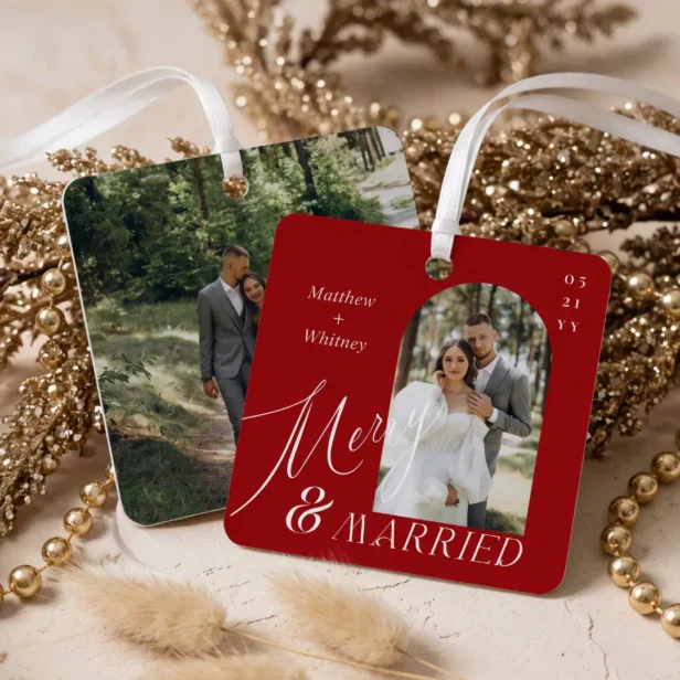 Merry & Married Script Modern Engagement Photo Red Metal Ornament