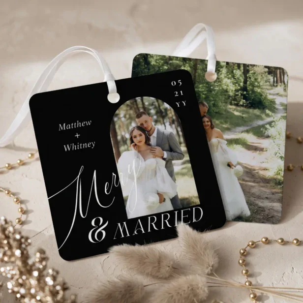 Merry & Married Script Modern Engagement Photo Black Metal Ornament