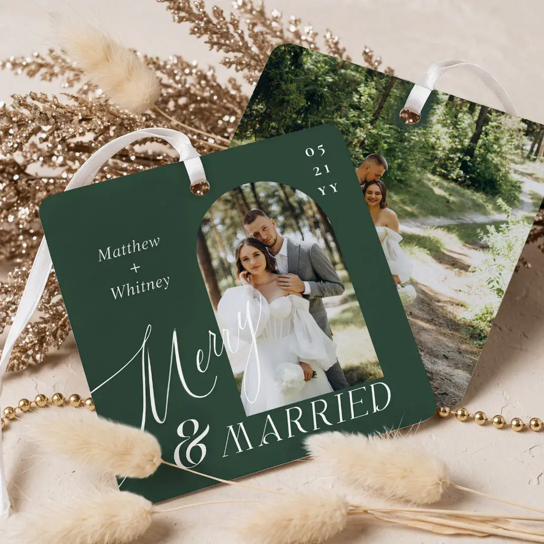 Merry & Married Script Modern Engagement Photo Green Metal Ornament