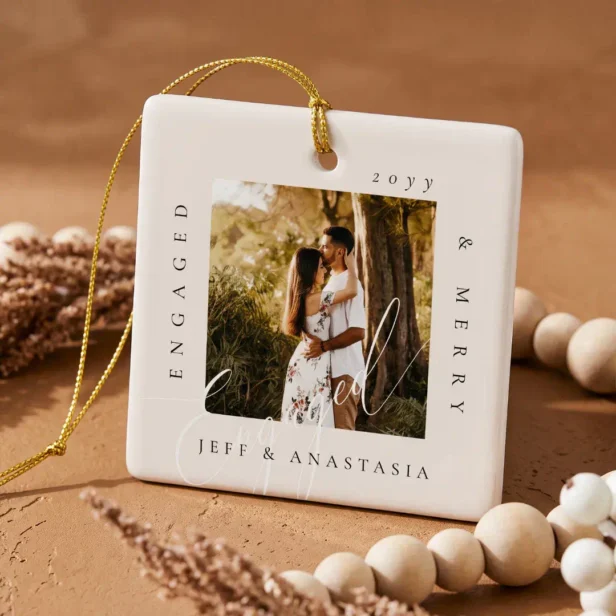 Minimal Modern Engaged & Merry 2 Photo Engagement Ceramic Ornament