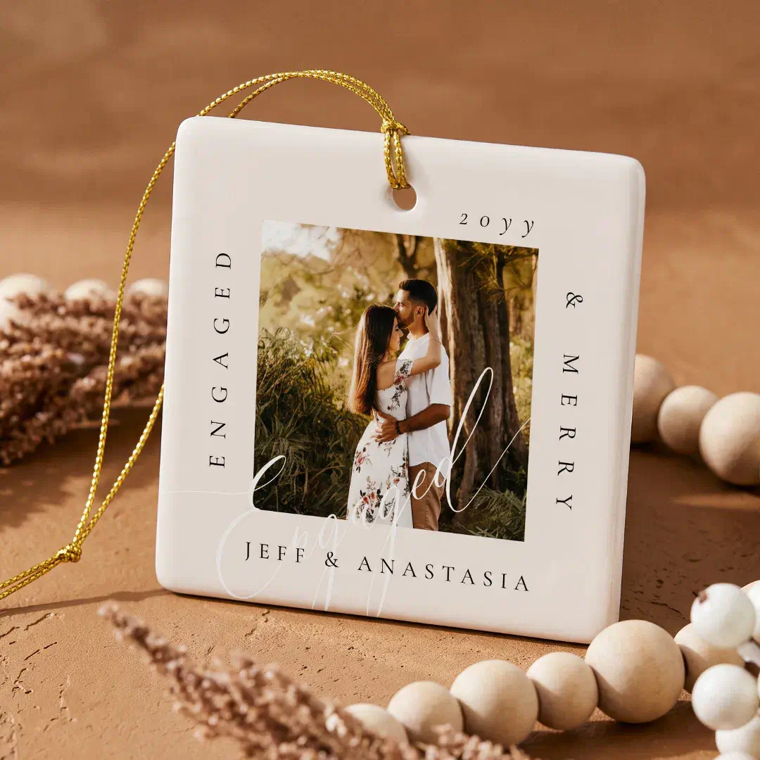 Minimal Modern Engaged & Merry 2 Photo Engagement Ceramic Ornament