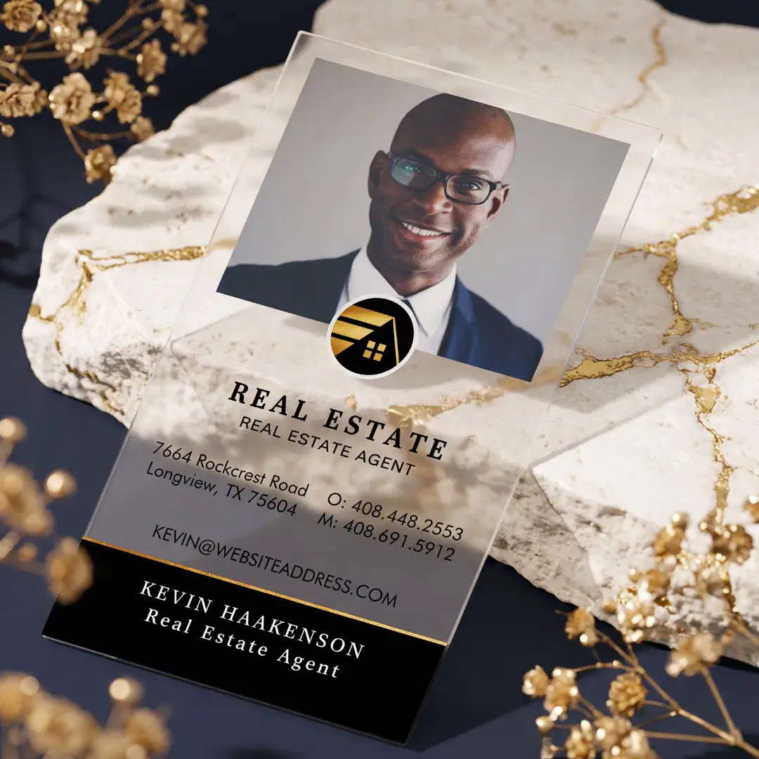 Minimal Professional Real Estate Agent photo Logo Clear Business Cards
