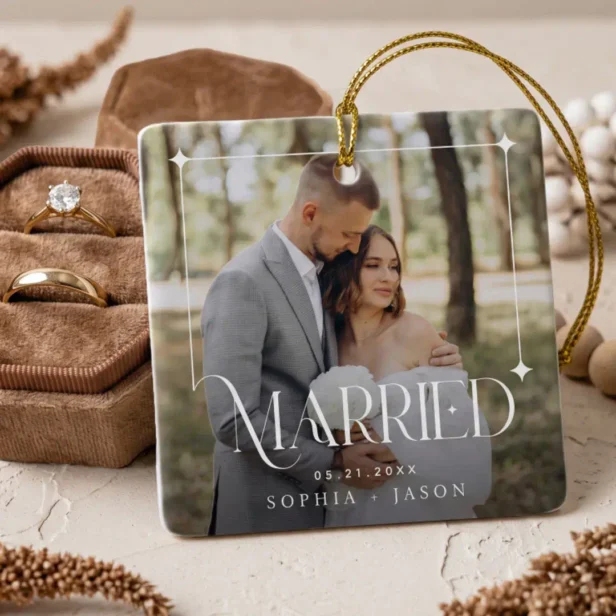 Modern Married Couple Photo Wedding Gift Keepsake Ceramic Ornament