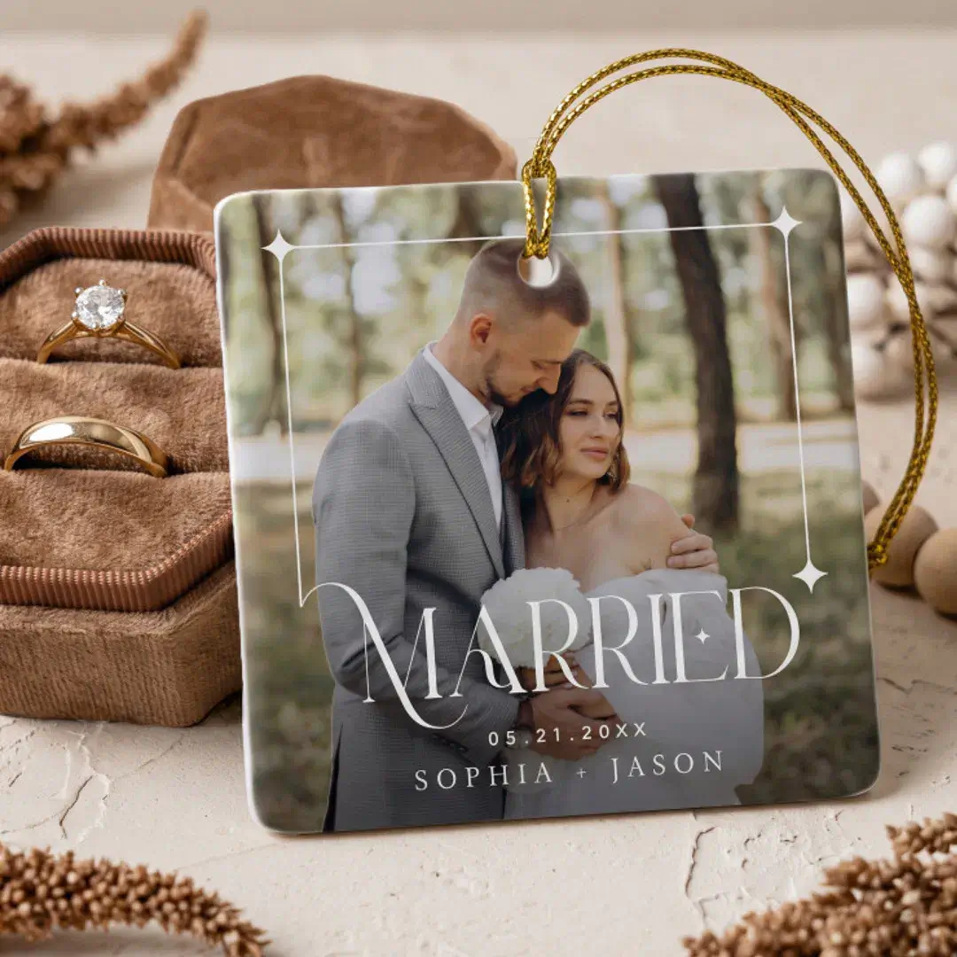 Modern Married Couple Photo Wedding Gift Keepsake Ceramic Ornament