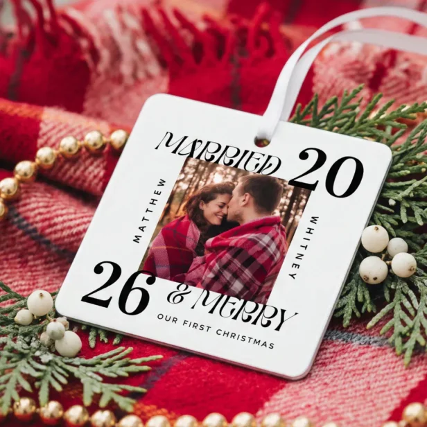 Modern Married & Merry 1st Christmas Wedding Photo Metal Ornament