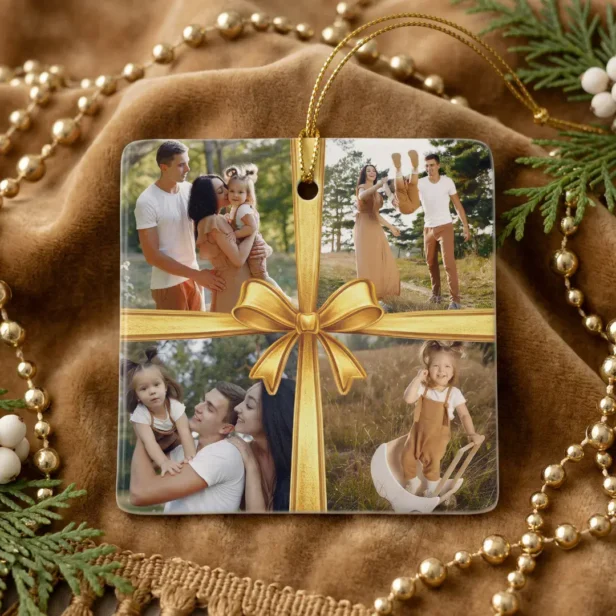 Modern Simple Gold Bow Custom 4 Photo Collage Ceramic Ornament