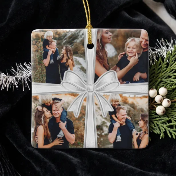 Modern Simple Silver Bow Custom 4 Photo Collage Ceramic Ornament