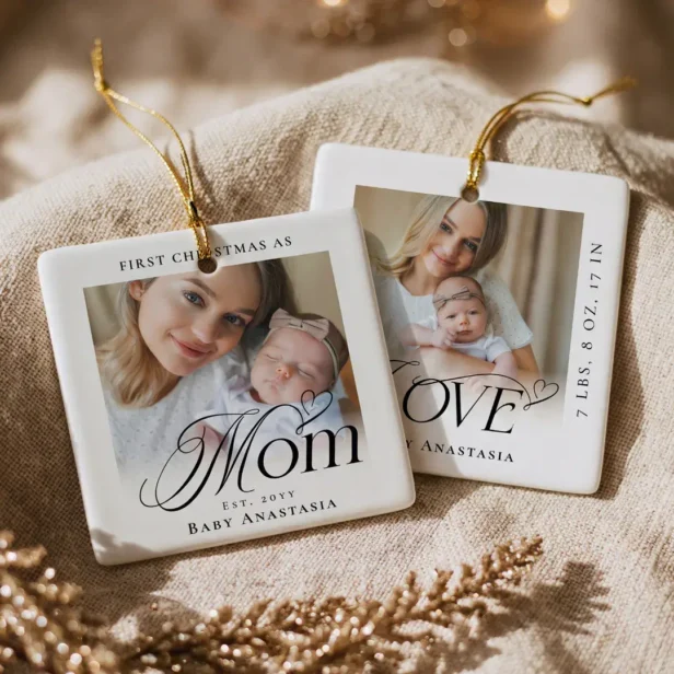 Mom 1st Christmas Baby Photo Birth Stats Keepsake Ceramic Ornament