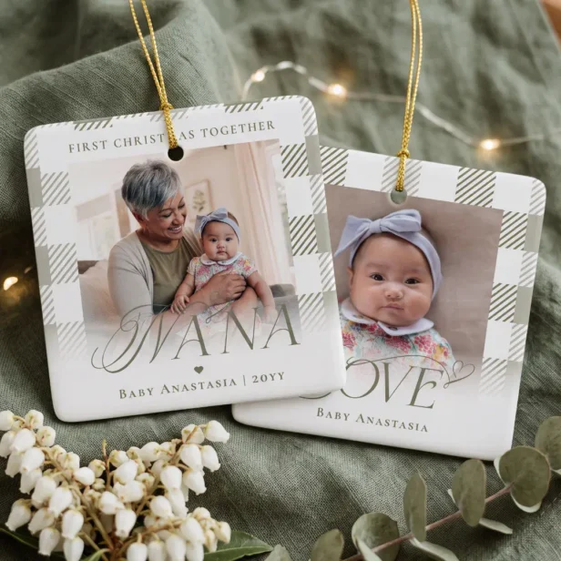 Nana First Christmas Grandchild Photo Green Plaid Ceramic Ornamen