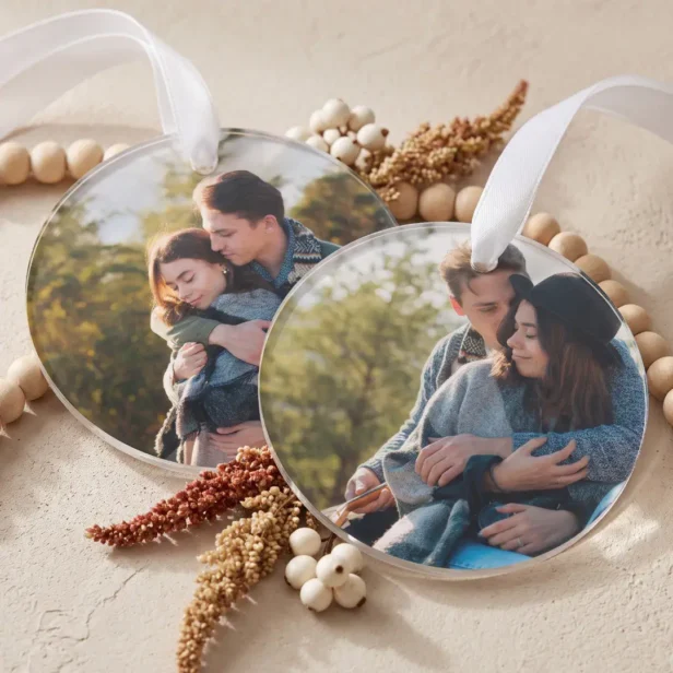 Personalized Simple Two Photo Engagement Keepsake Ornament