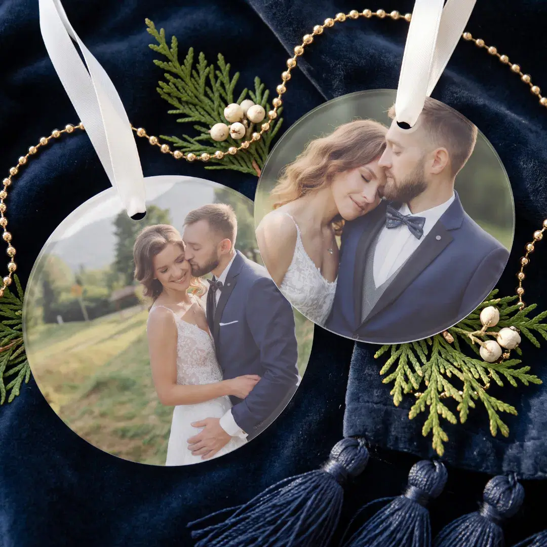 Personalized Simple Two Photo Wedding Keepsake Ornament