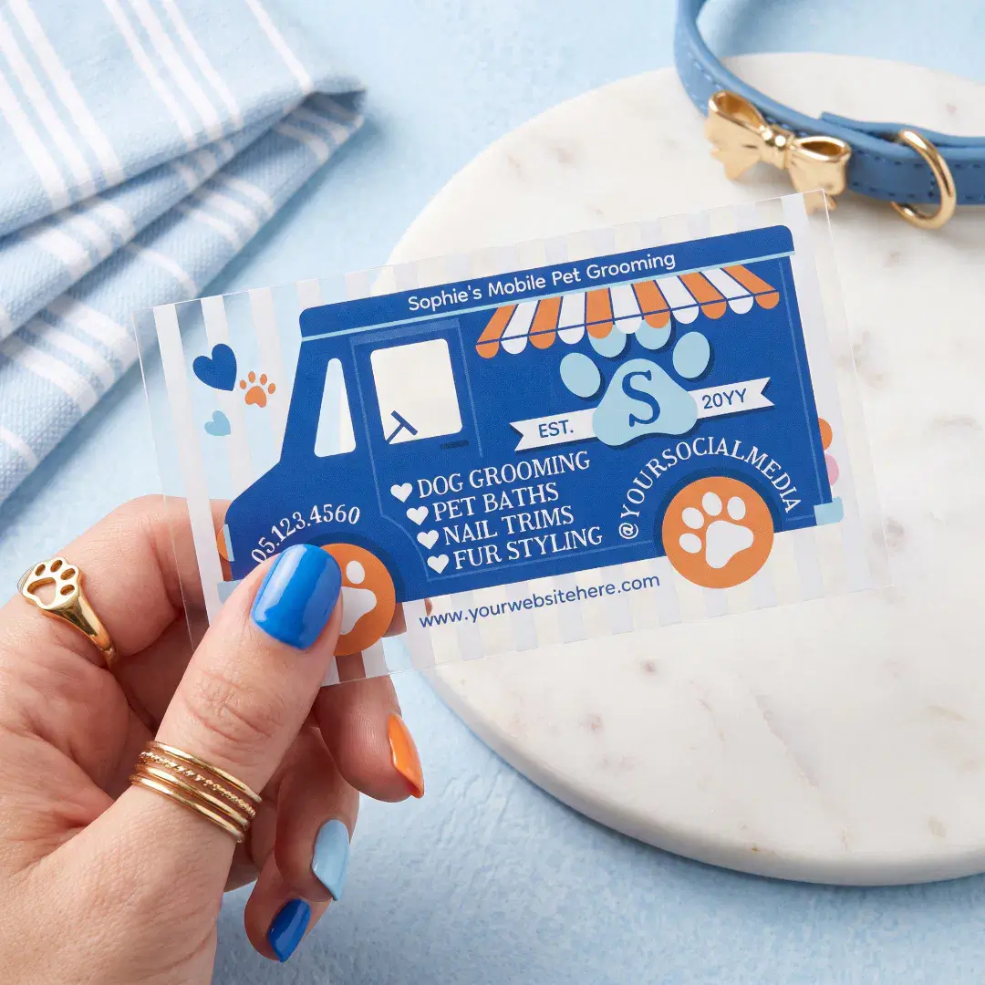 Playful Paw Print Mobile Pet Grooming Truck Salon Clear Business Cards