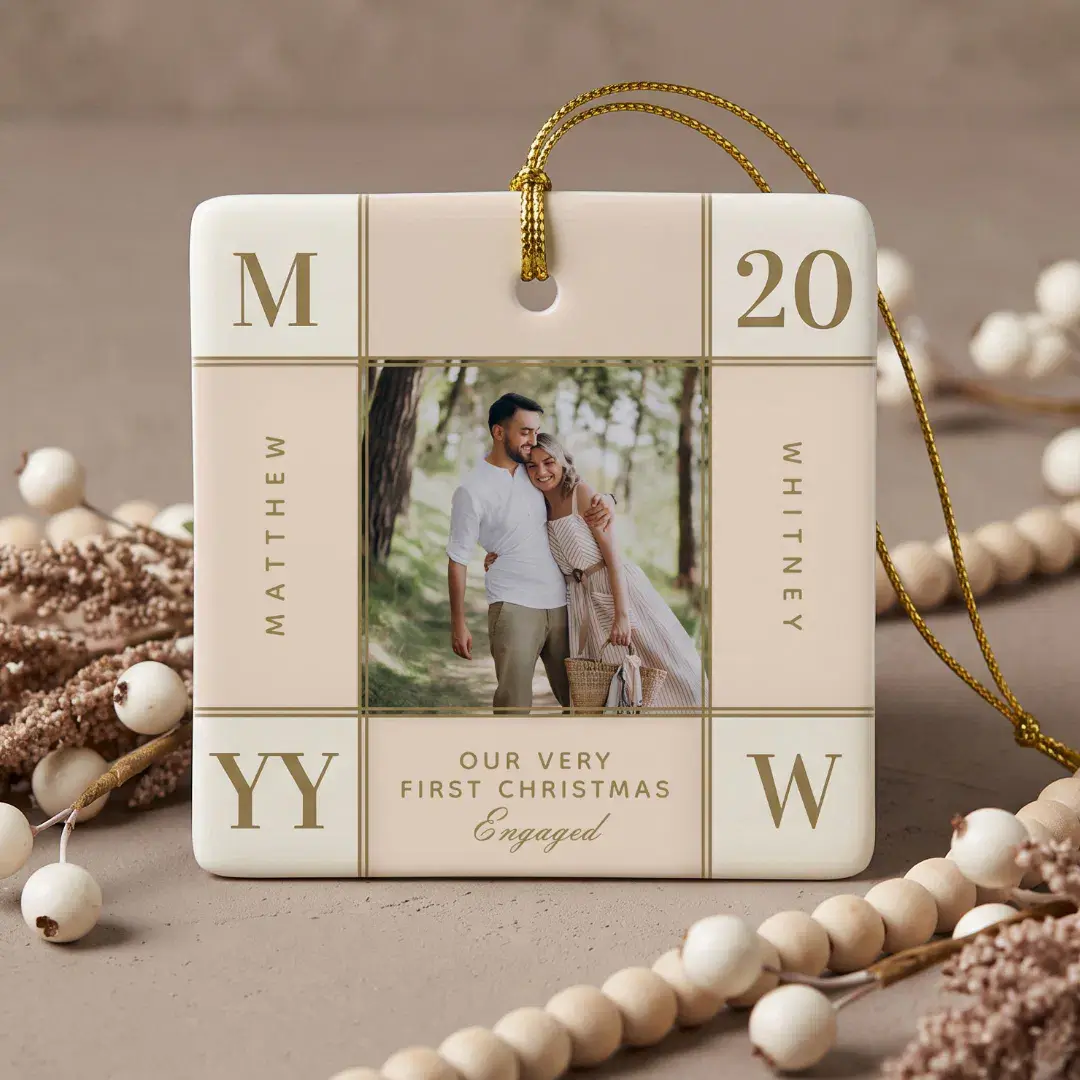 Retro Checkered First Christmas Engaged Photo Ceramic Ornament