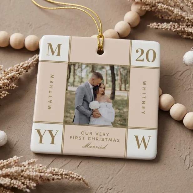 Retro Checkered First Christmas Married Photo Ceramic Ornament