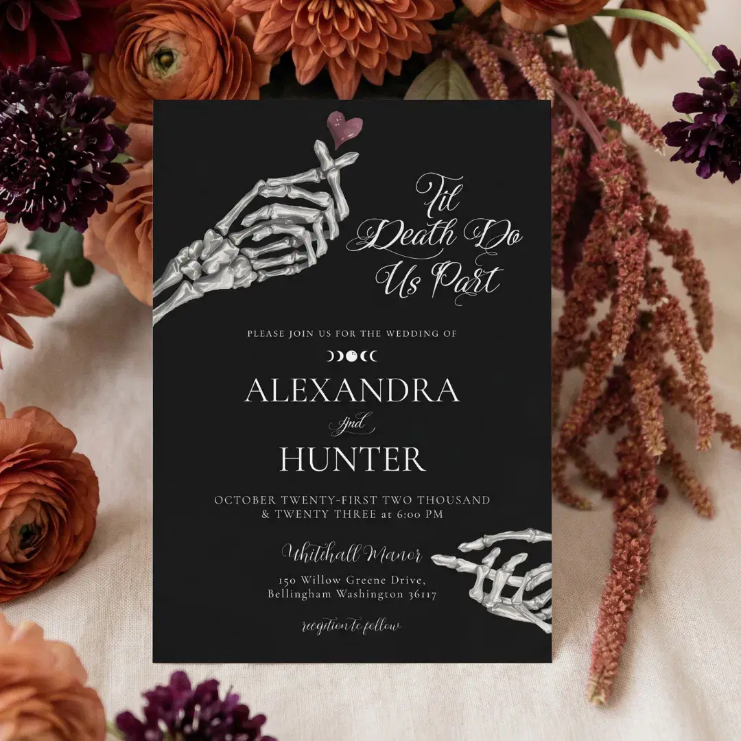 Til Death Watercolor Skeleton Hands Gothic Wedding Invitation