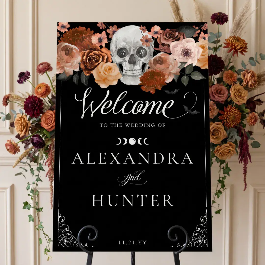 halloween wedding,gothic wedding,fall florals,til death do us part,autumn wedding,autumn florals,gothic wedding welcome sign,floral skull,black gothic wedding,elegant moody gothic wedding