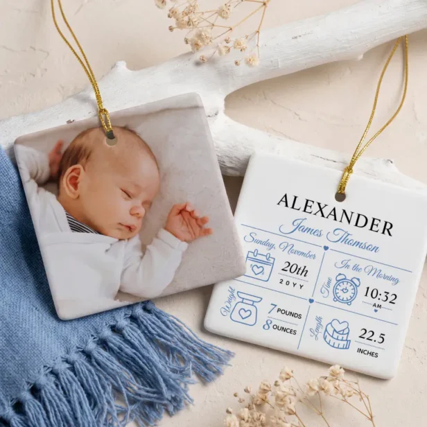 Baby Boy Birth Stats Photo Name Personalized Ceramic Ornament