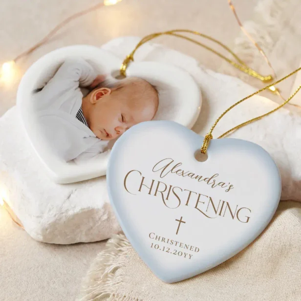 Baby Boy Christening Cross Blue Heart Photo Ceramic Ornament