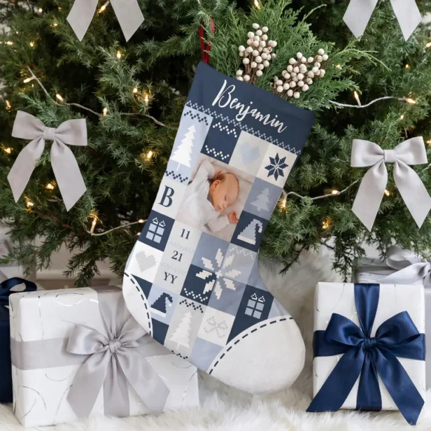 Baby First Christmas Birth Stat Photo & Name Blue Quilt Christmas Stocking