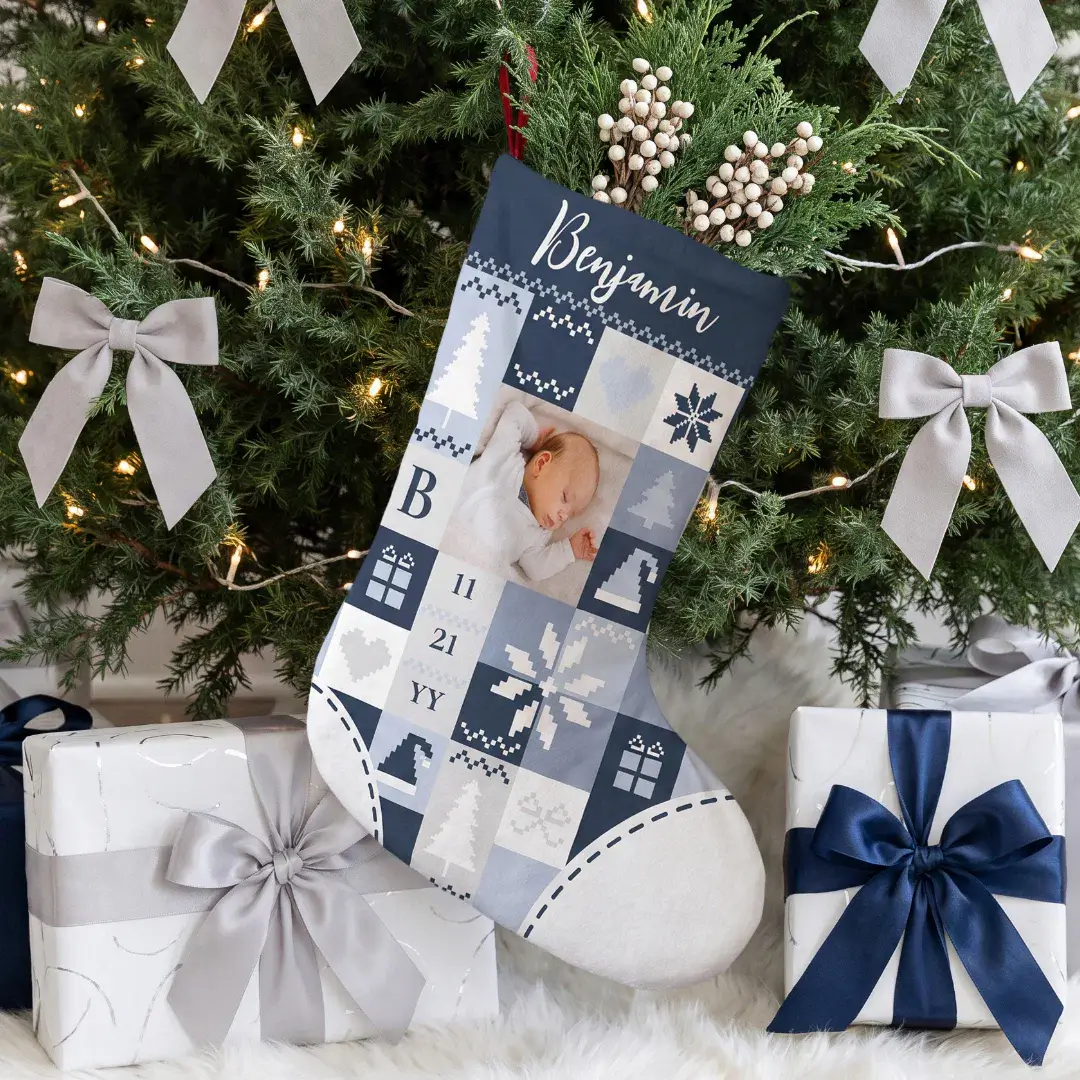 Baby First Christmas Birth Stat Photo & Name Blue Quilt Christmas Stocking