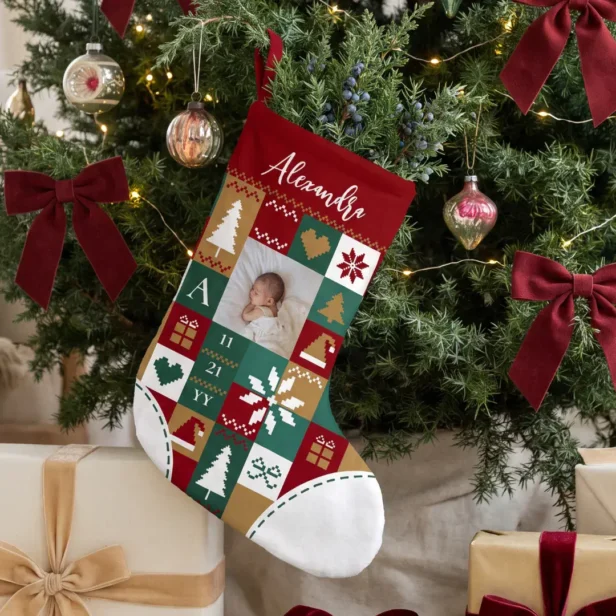 Baby First Christmas Birth Stat Photo & Name Quilt Red Christmas Stocking