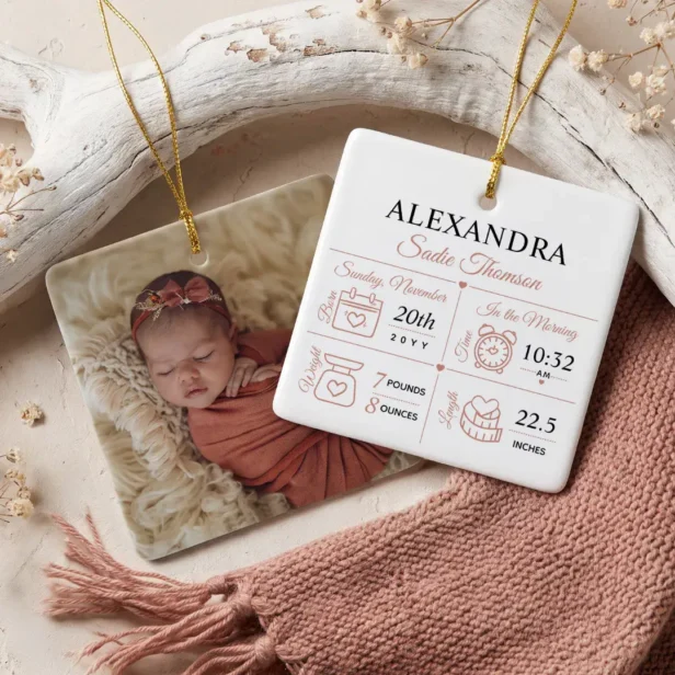 Baby Girl Birth Stats Photo Name Personalized Ceramic Ornament