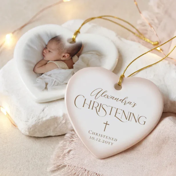 Baby Girl Christening Cross Pink Heart Photo Ceramic Ornament