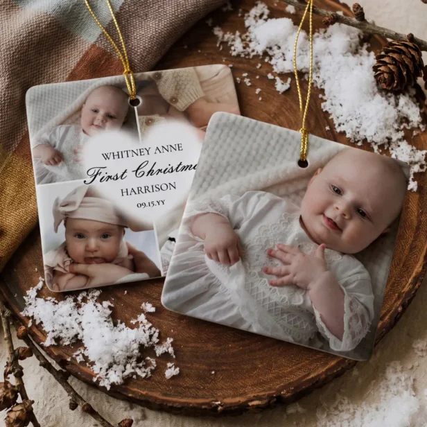Baby’s First Christmas 4 Photo Collage Personalize Ceramic Ornament