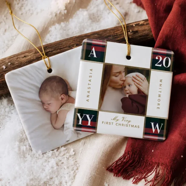 Baby’s First Christmas Plaid Checkered Photo Ceramic Ornament