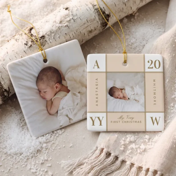 Baby’s First Christmas Retro Checkered Photo Ceramic Ornament