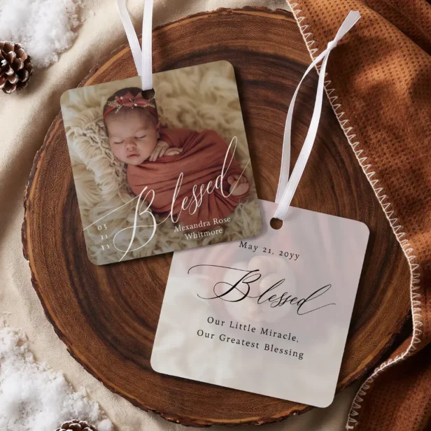Blessed Minimal Elegant Script Baby Photo Keepsake Metal Ornament