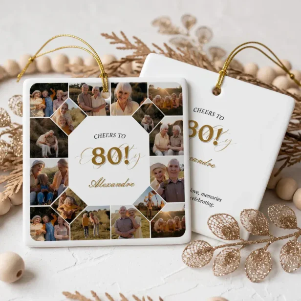 Cheers to 80 Years Photo Collage Birthday Keepsake Ceramic Ornament