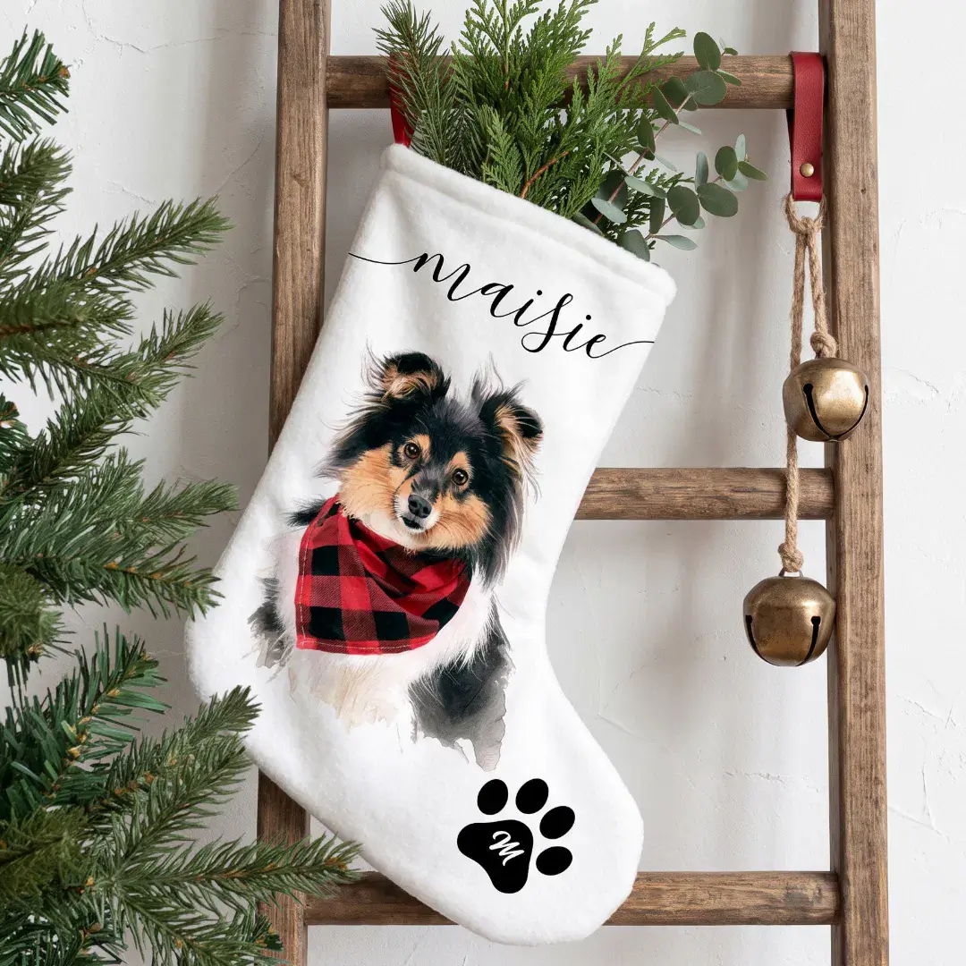 Custom Dog Cat Pet Watercolor Portrait Monogram Small Christmas Stocking