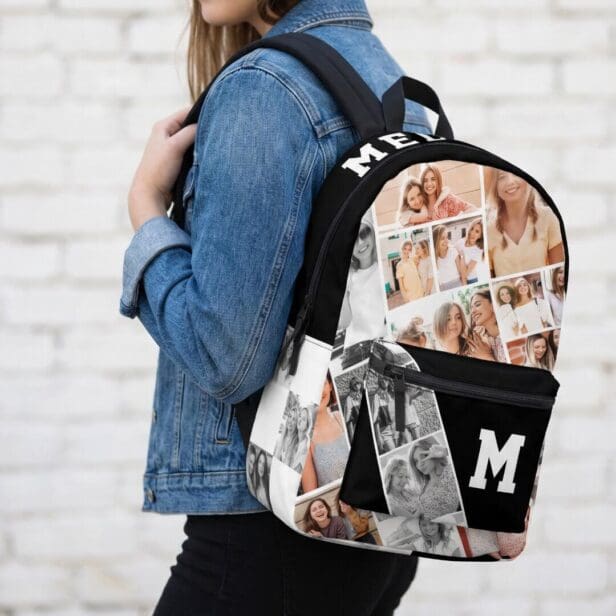 Custom Name Monogram Best Friends Photo Collage Printed Black Backpack