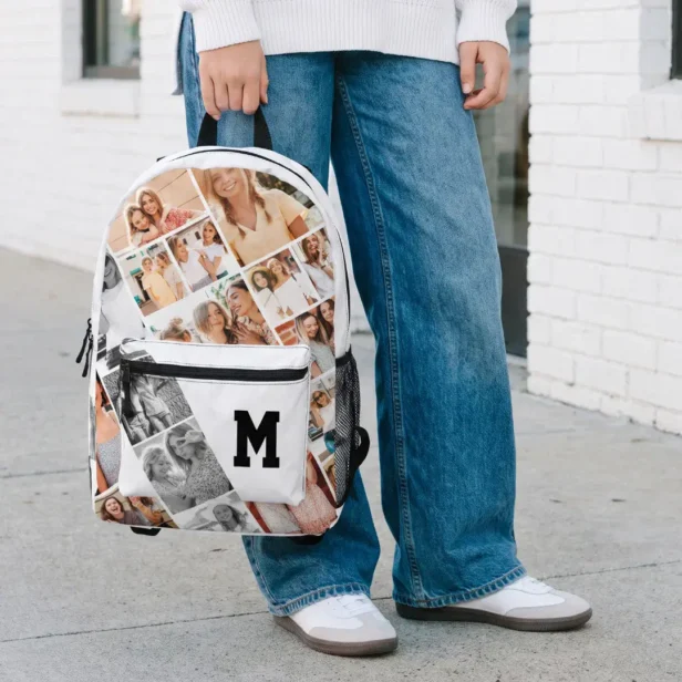 Custom Name Monogram Best Friends Photo Collage Printed White Backpack