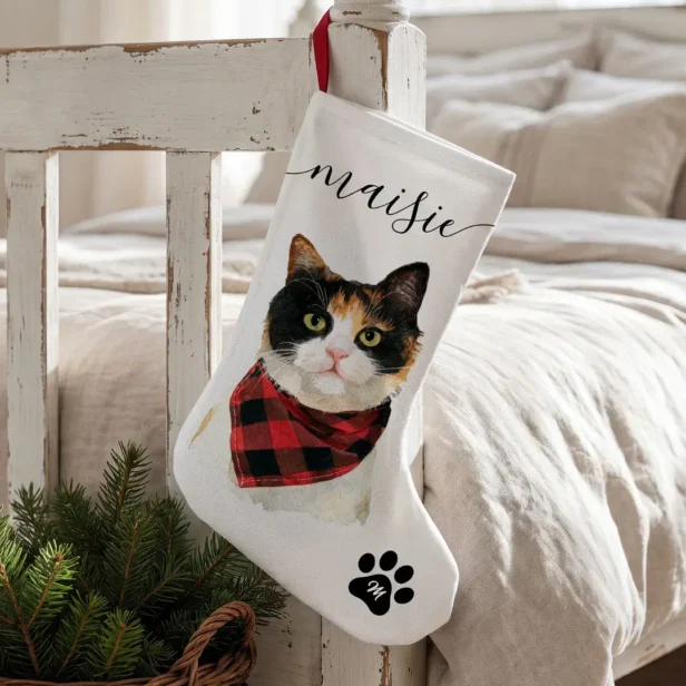Custom Pet Cat Dog Watercolor Portrait Monogram Small Christmas Stocking