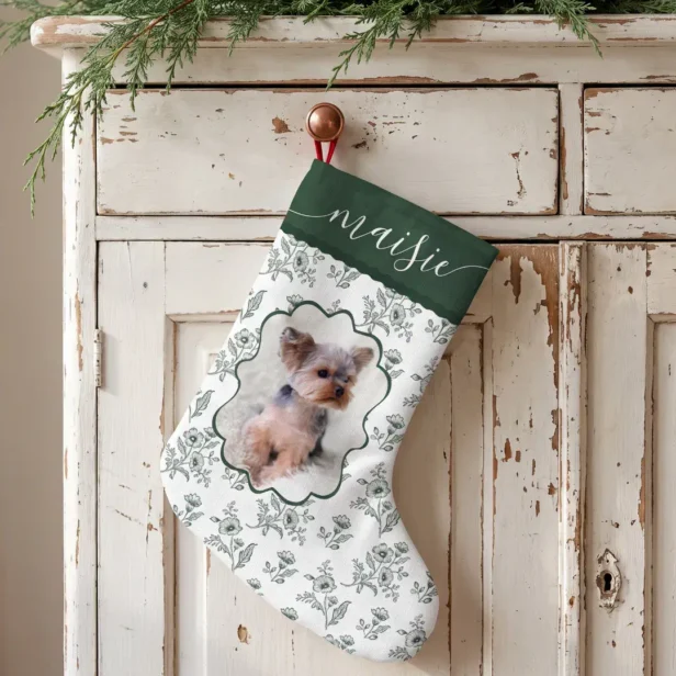 Custom Pet Dog Cat Photo Elegant Vintage Floral Christmas Stocking