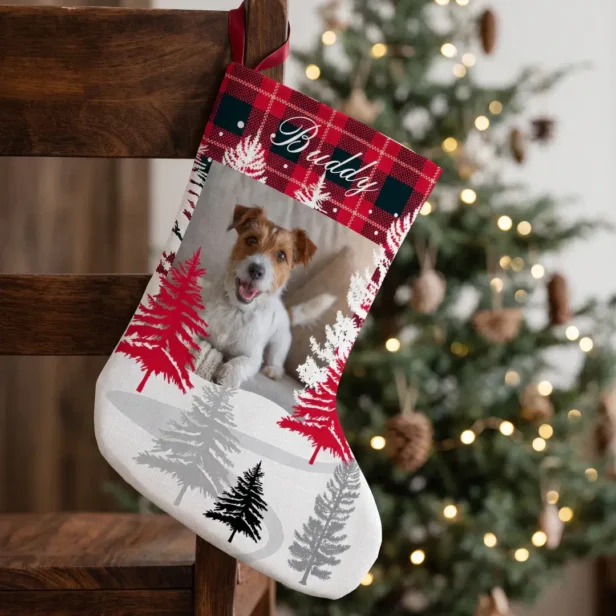 Custom Pet Photo Personalized Dog Name Red Plaid Large Christmas Stocking