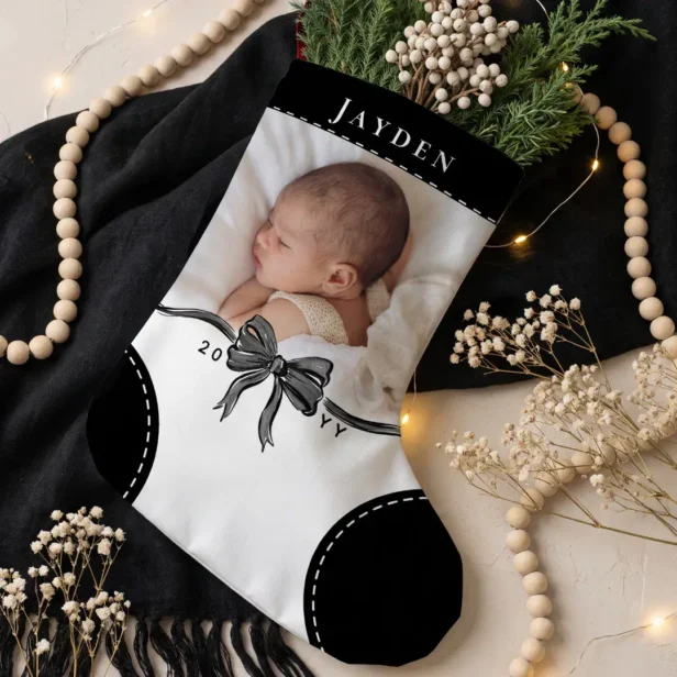 Cute Black Bow Name & Photo Baby First Christmas Small Christmas Stocking