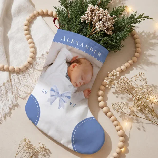 Cute Blue Bow Name & Photo Baby First Christmas Christmas Stocking