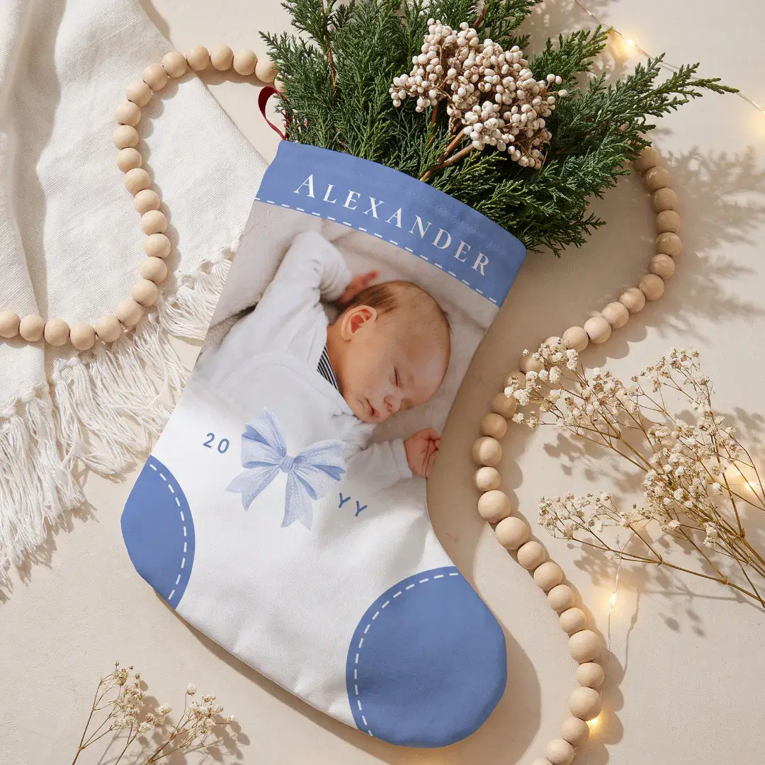 Cute Blue Bow Name & Photo Baby First Christmas Christmas Stocking